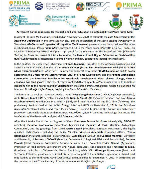 Agreement on the Laboratory for research and higher education on sustainability at Ponza Prima-Med